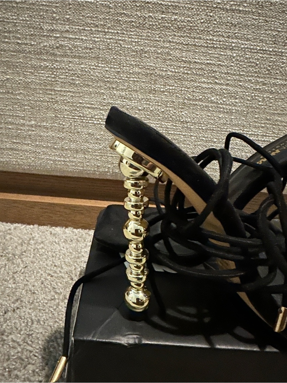 Fashion Nova Black Lace-Up Sandals with Gold Beaded Heel
